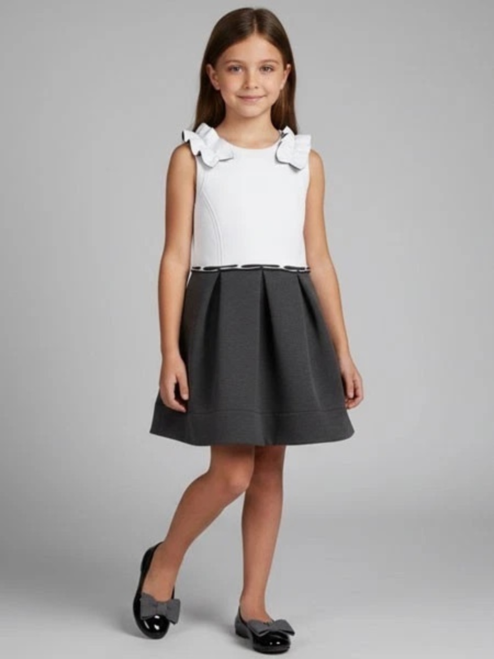 deux par deux White & Charcoal Ruffle-Shoulder Fit-and-Flare Dress